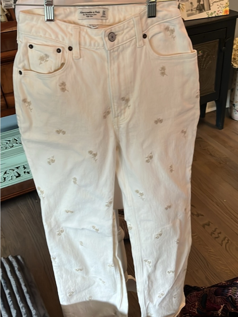 Abercrombie & Fitch Cream Straight-Leg Jeans with Petite Embroidered Motifs
